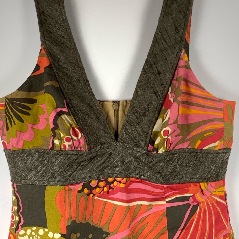 Trina Turk Silk Linen Blend Dress Womens 10 Tropical Floral Sleeveless V Neck - Picture 4 of 16